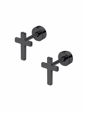 Tiny Black Cross Flat Back Stud Earrings 20G Stainless Steel